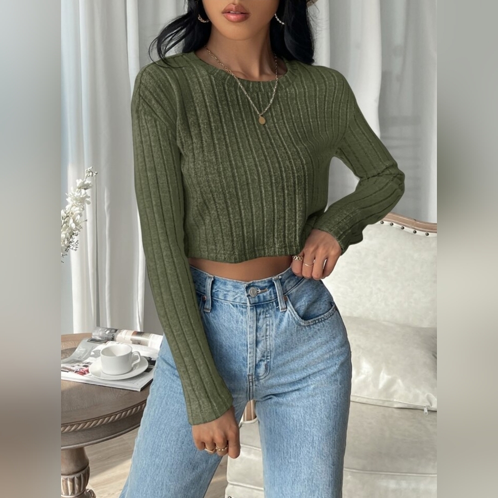 Green Ribbed Knit Crop Top Sweater